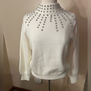 LUSH Ivory Mock Neck Sweater With Faux Diamonds Sz S NWT